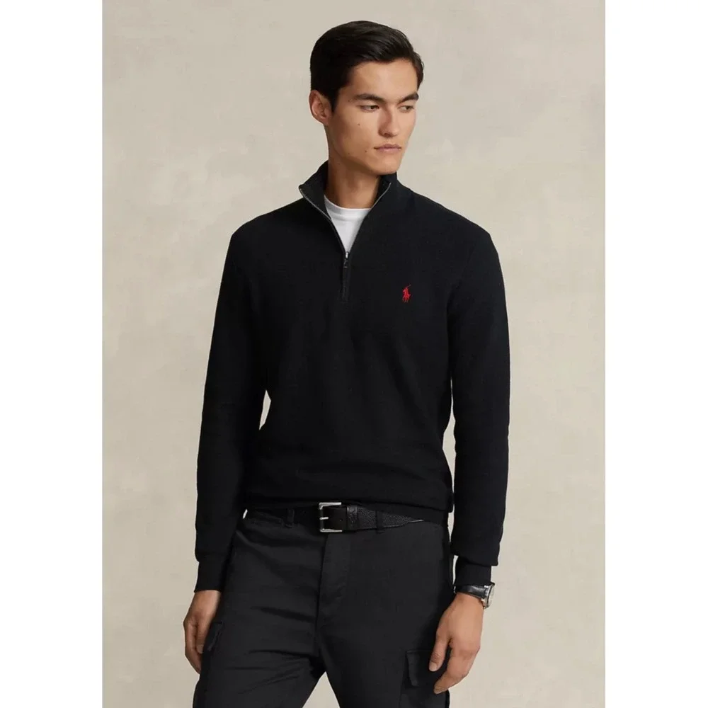 Polo Ralph Lauren Mens Quarter Zip Pullover‎ Black Red Pony Logo Sweatshirt XL